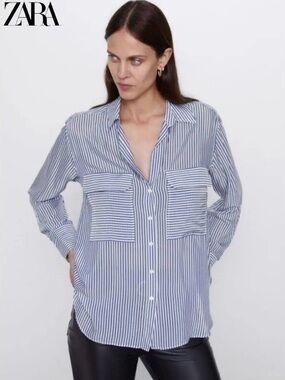 Zara Blue and White Stripe Shirt with Pockets Small